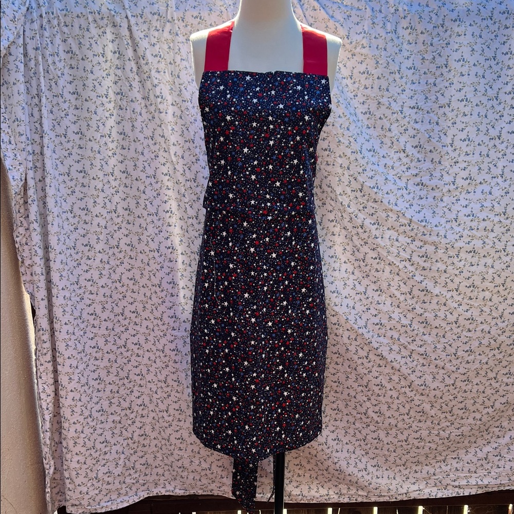 Handcrafted Navy Floral 4 of July Apron with Red Straps